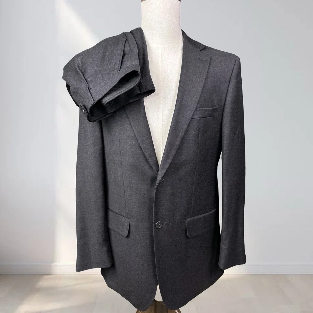 Linea Uomo 2 Piece Suit Men 40L 40x34 Black Modern Fit Pleated Dual Vented Wool